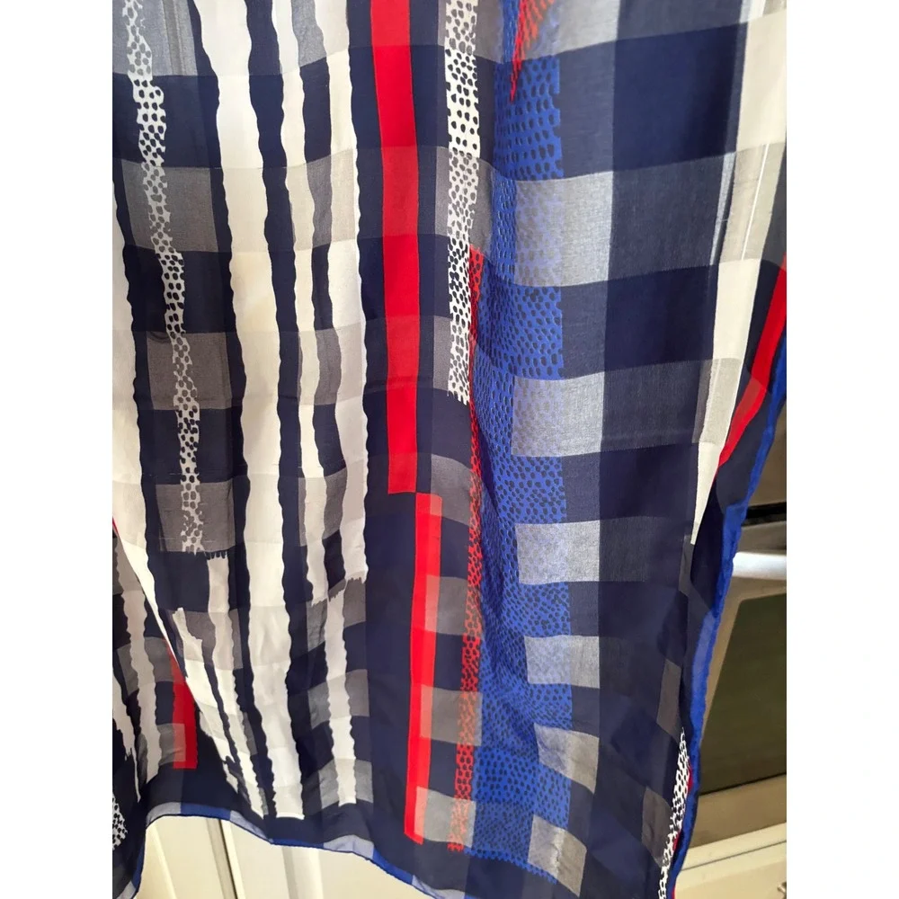 Valentina Scarf Red White Navy Blue Geometric Stripe Check Sheer Lightweight